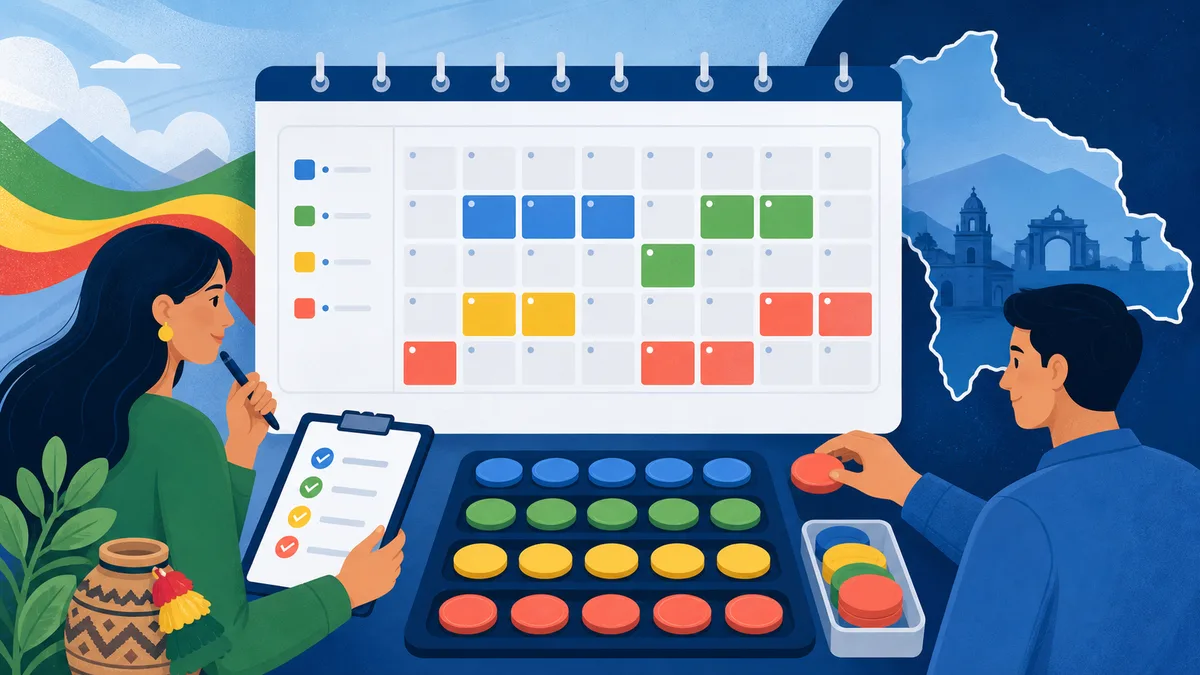 Ilustración de calendario y bloques de conteo para feriados de Bolivia 2026